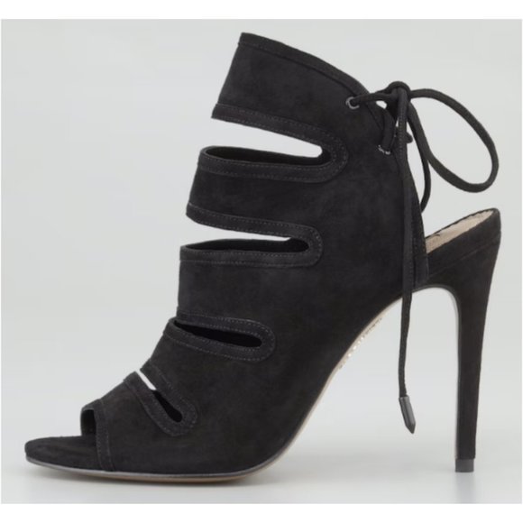 Aquazzura Firenze Slone Peep Toe Bootie Black Suede Sz 35 Slit-Front Lace - Picture 2 of 11